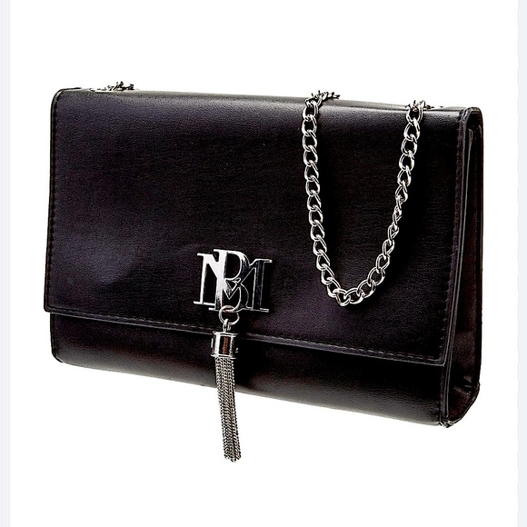 BADGLEY MISHKA - Black Vegan Leather with Gun Metal Hardware Logo, Tassel, Strap - Picture 10 of 16